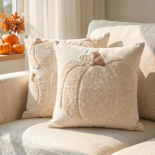 Fall Tufted Pumpkin Pillow Covers Set of 2 18x18, Farmhouse Beige | Amazon (US)
