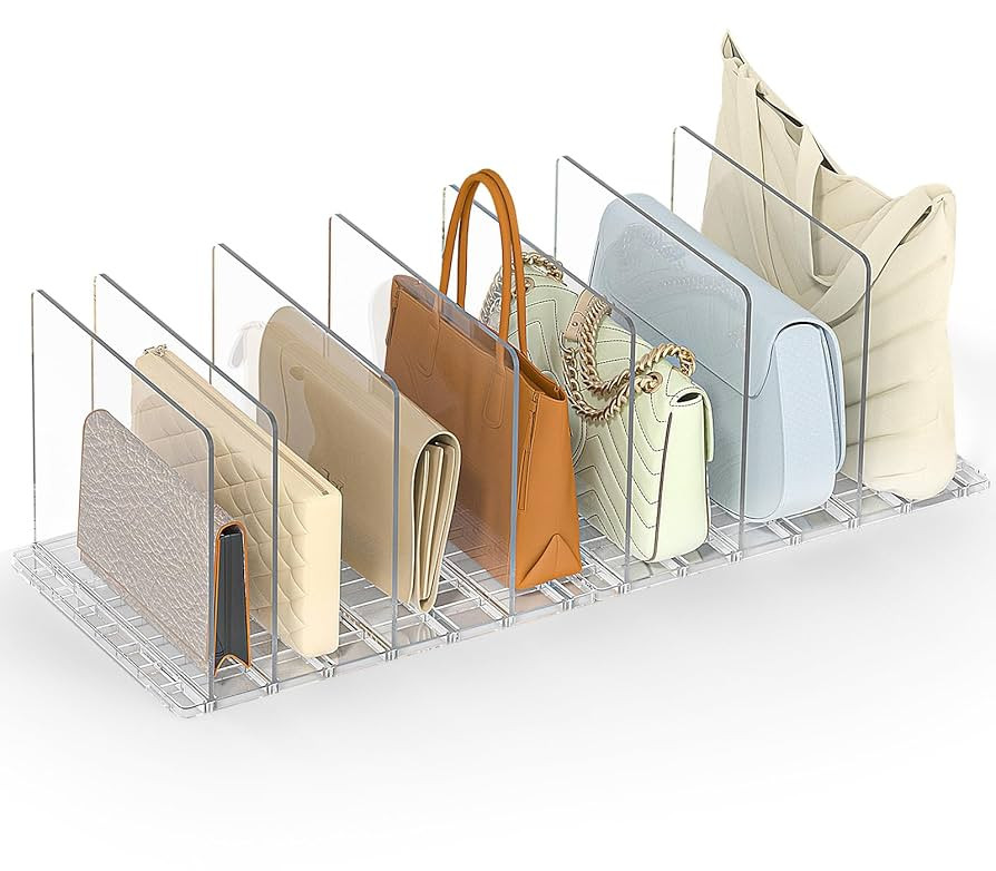 Bag & Purse Organizer for Closet: Adjustable Clear Handbag Storage Shelf - Plastic Clutch Divider... | Amazon (US)