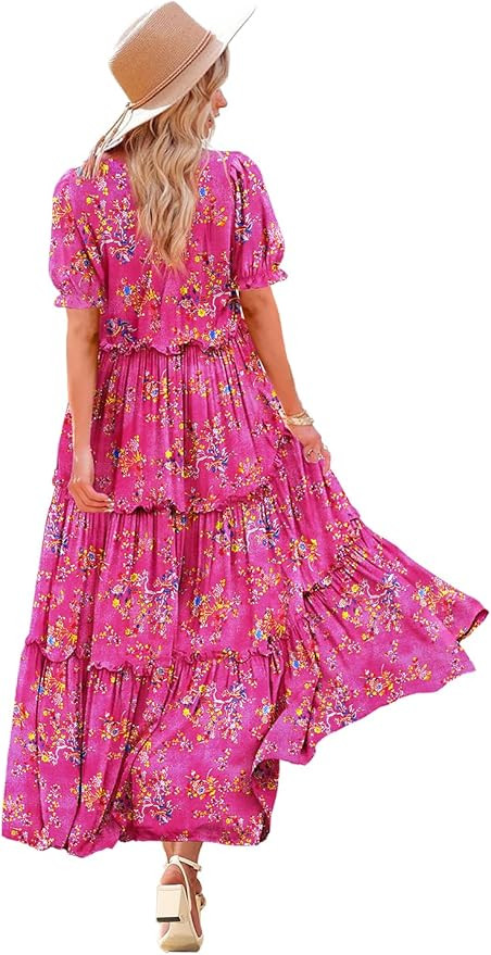 YESNO Summer Casual Bohemian Floral Dresses for Women 2024 Puff Short Sleeve Long Maxi Dress with... | Amazon (US)
