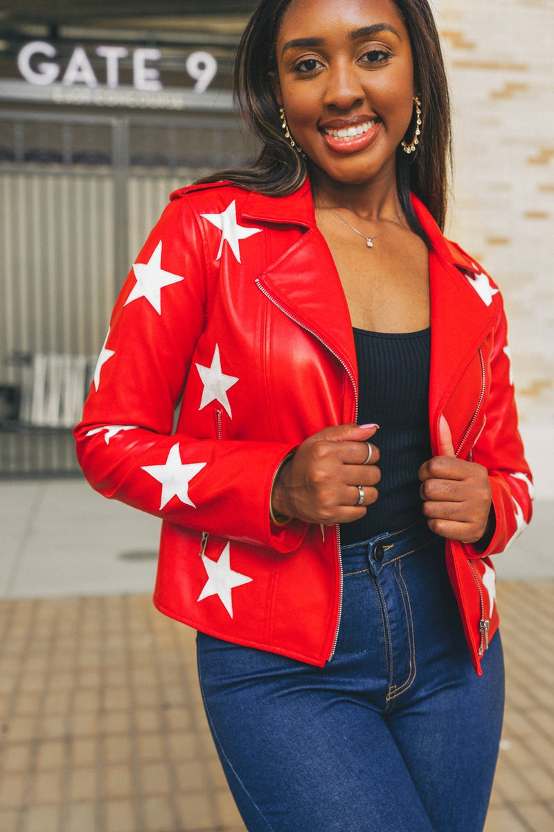 BuddyLove | Joplin Leather Star Detailed Jacket | Red/White | BuddyLove