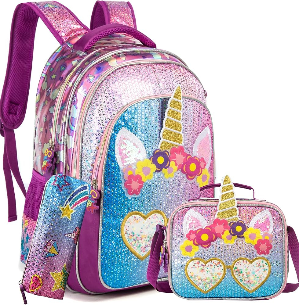 Unicorn Backpack for Girls 16" Backpacks for Girls for School Sequin Backpack with Lunch Box for ... | Amazon (US)