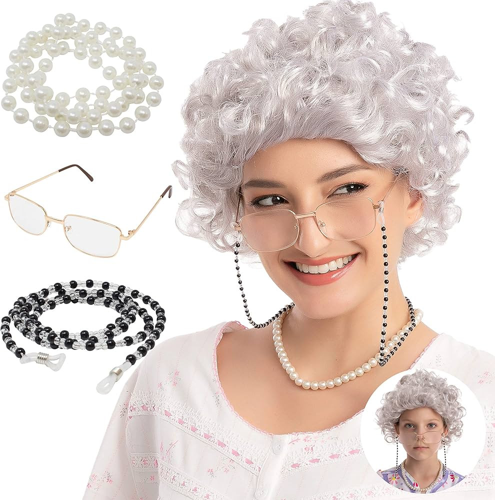 Spooktacular Creations Adult/Child Curly Grey Granny Wig Set with Wig Cap, Glasses, Eyeglass Chai... | Amazon (US)