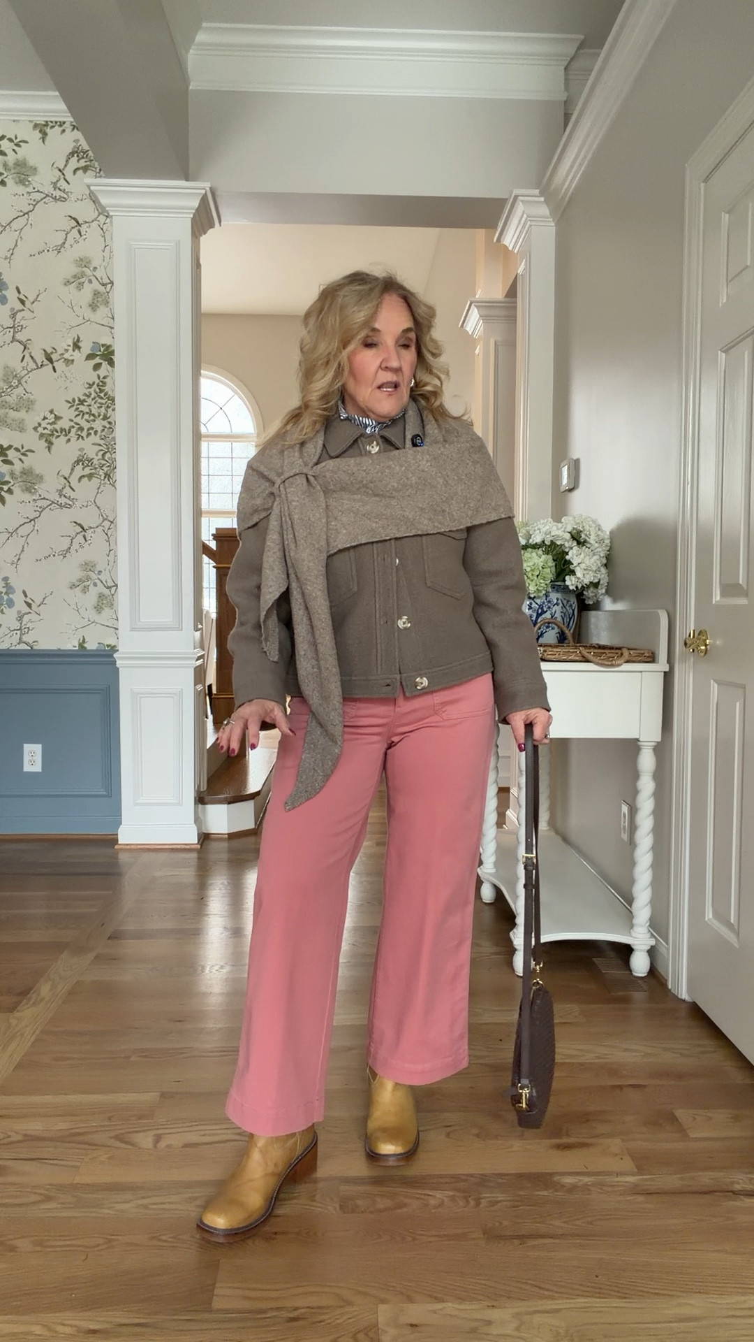 A few favorite pink styles 
Blouse size medium 
Jeans medium petite 
Pink pants 6 reg 
Quince merino wool jacket medium 
Striped blouse medium 
Navy blazer 10 petite 
Pink cardigan medium 
Brown gingham blouse medium 
Ecru Jeans 29 petite 
Faux suede blazer medium petite size down if petite not avail 
Striped tee is fitted size medium 
Spanx barrel Jean medium petite 
Pink sneakers tts with socks 
Allie & Bess warehouse sale starts Wednesday 28th at 8 CST shop then! 

#LTKSaleAlert #LTKValentine #LTKOver40