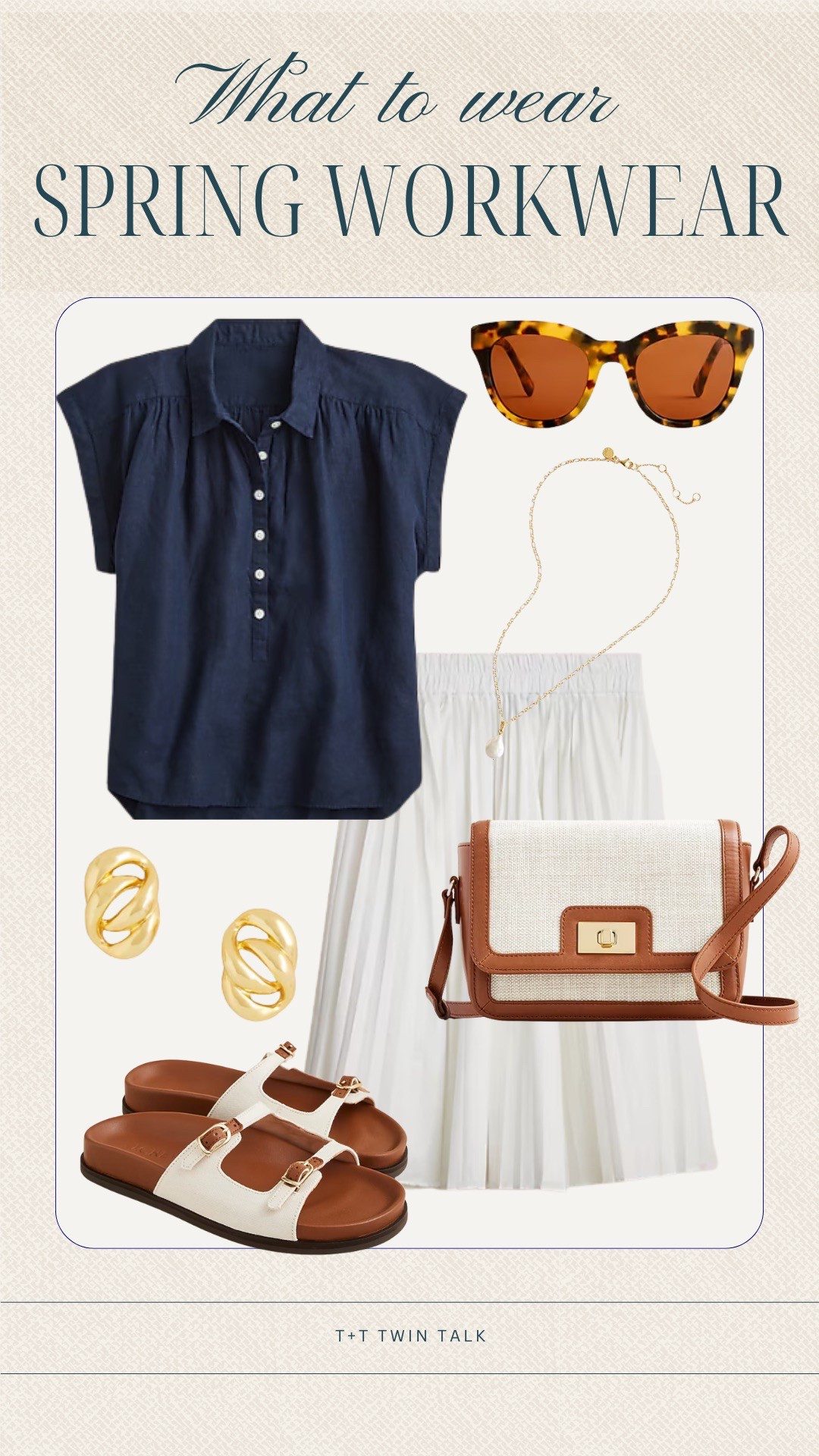 Spring workwear outfit idea. These J.Crew sandals and Edie bag are a perfect match! We styled them with a J.Crew white pleated skirt and navy blue blouse!

#LTKOver40 #LTKSeasonal #LTKMidsize