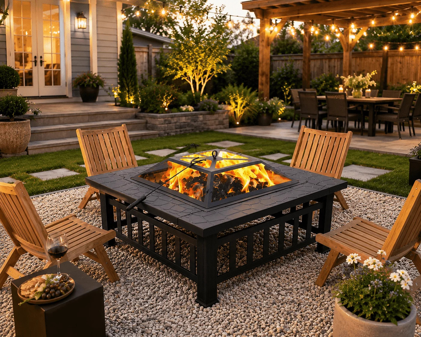 32'' Wood Burning Fire Pit, Outdoor Metal Fire Pit Table with Mesh Screen Lid & Poker, Stone Pattern Patio Fireplace for Backyard, Garden, BBQ, Heating, Square | Walmart (US)