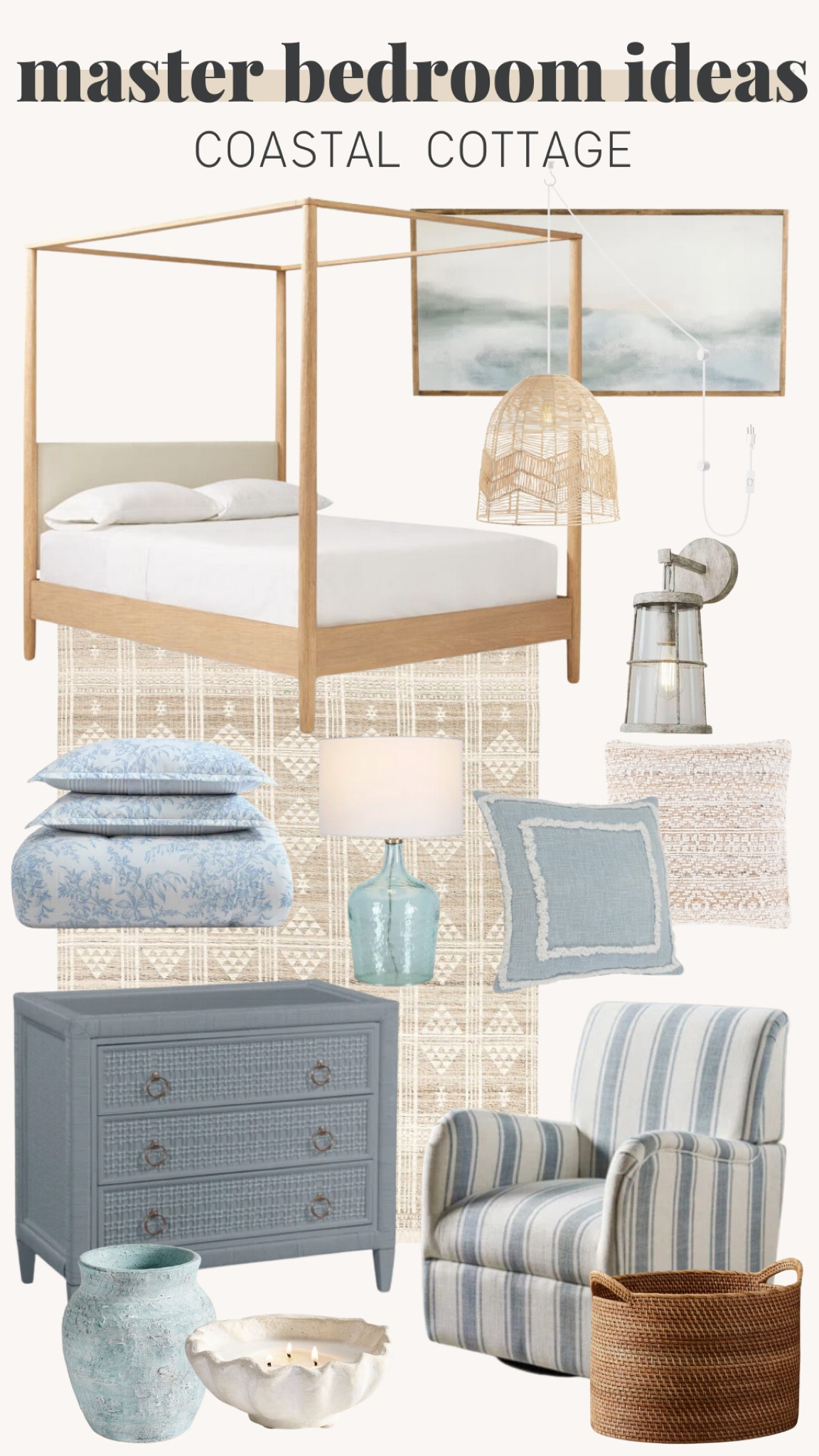 Master bedroom ideas, coastal cottage home, bed frame, decor, wall art, bedding, accent chair, lamp, throw pillows, lighting 

#LTKStyleTip #LTKTravel #LTKHome