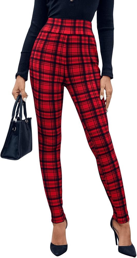 WDIRARA Women's Plaid Leggings High Waisted Skinny Pants Tummy Control Yoga Pants | Amazon (US)