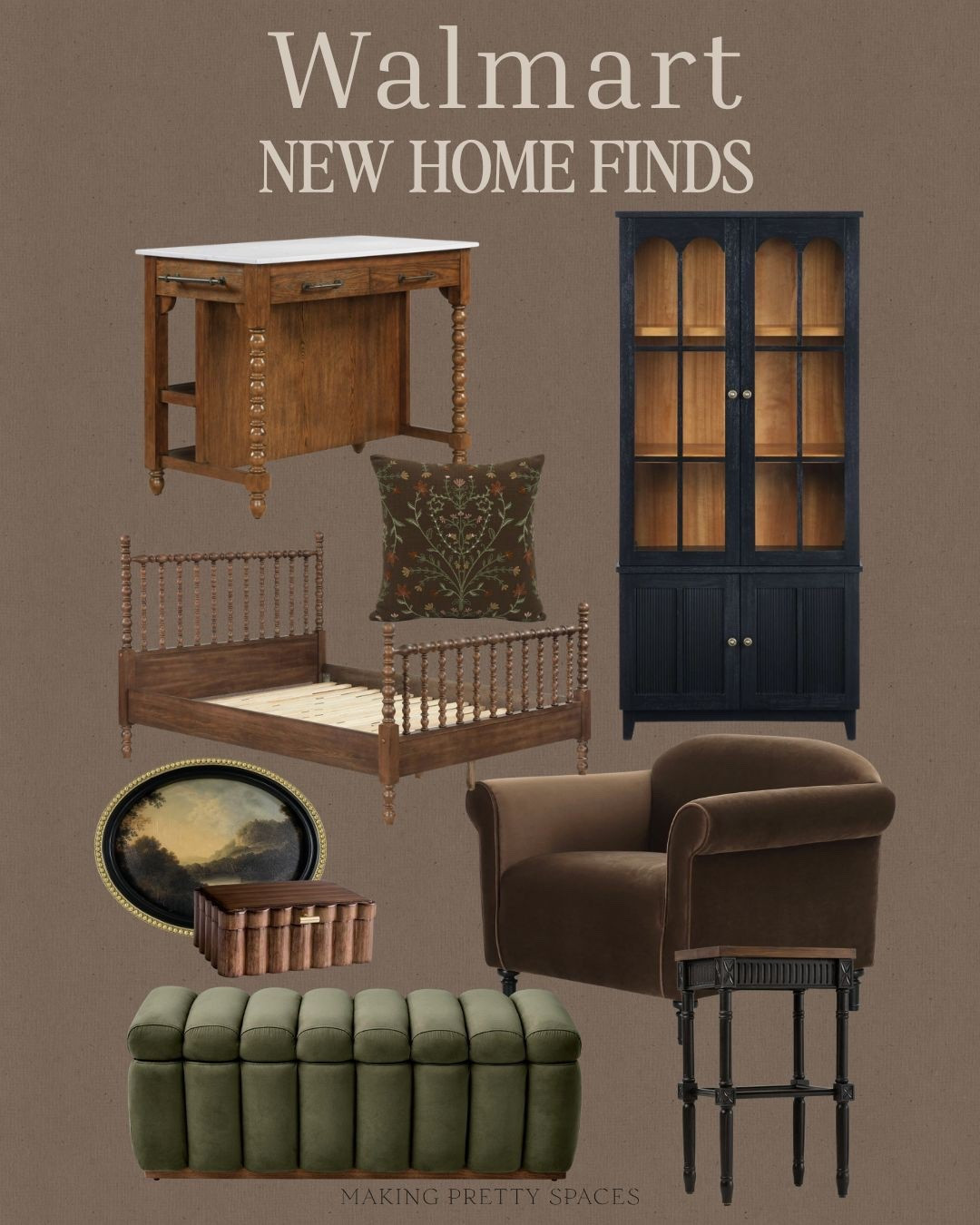 These Walmart finds are so good! Walmart furniture, bed frame, walnut wood furniture, accent chair, artwork, throw pillow, moody furniture, end table, cabinetts

#LTKHome #LTKStyleTip #LTKFindsUnder50