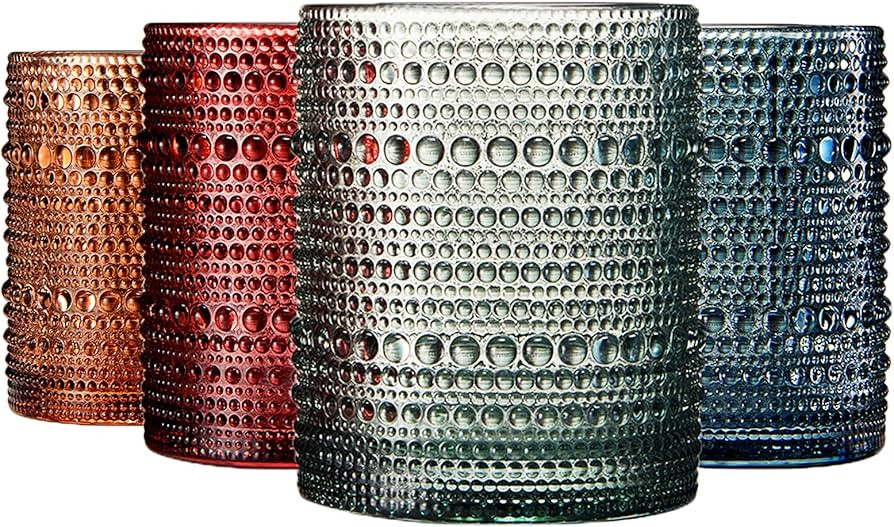Beaded Tumbler Drinking Glasses | Set of 4 | Muted Color, Vintage Hobnail 11 OZ Muted Bubble Desi... | Amazon (US)