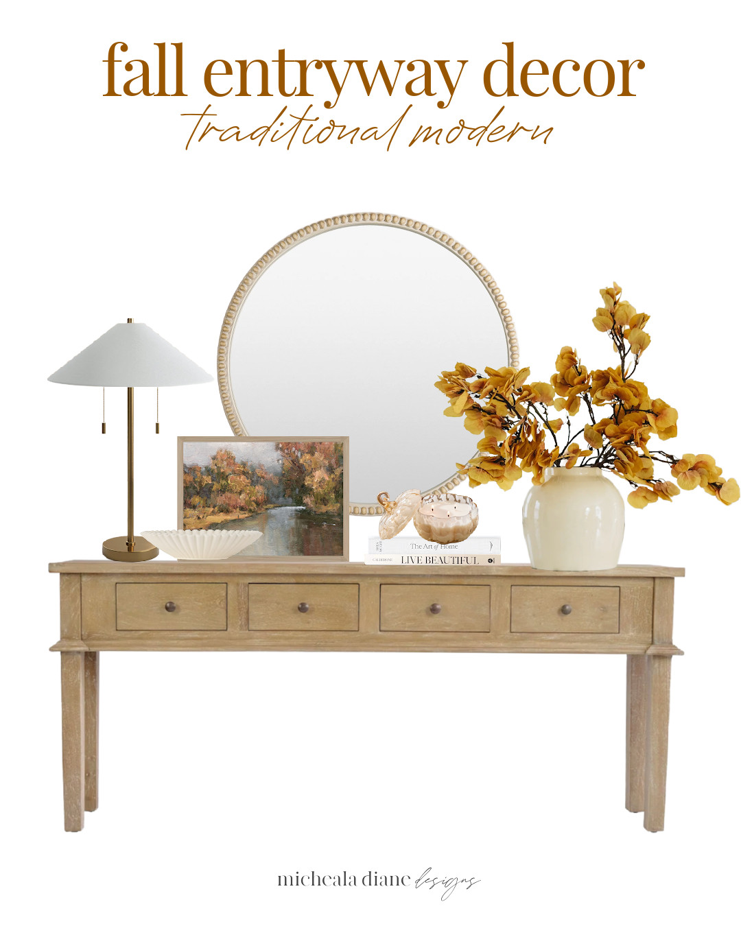 Fall Entryway Decor. Fall console table styling. Fall printable art, wood console table, faux fall stems, pumpkin candle, round mirror. 

 #LTKSeasonal #LTKHome