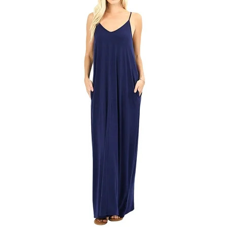 Women V-Neck Draped Jersey Beach Summer Cami Long Maxi Dress with Side Pockets (Navy, 3X) | Walmart (US)