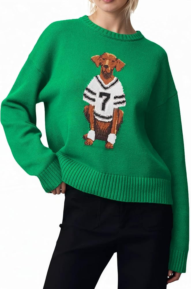 SAFRISIOR Dog Print Sweaters for Women Casual Crew Neck Long Sleeve Knit Sweater Cozy Graphic Pul... | Amazon (US)