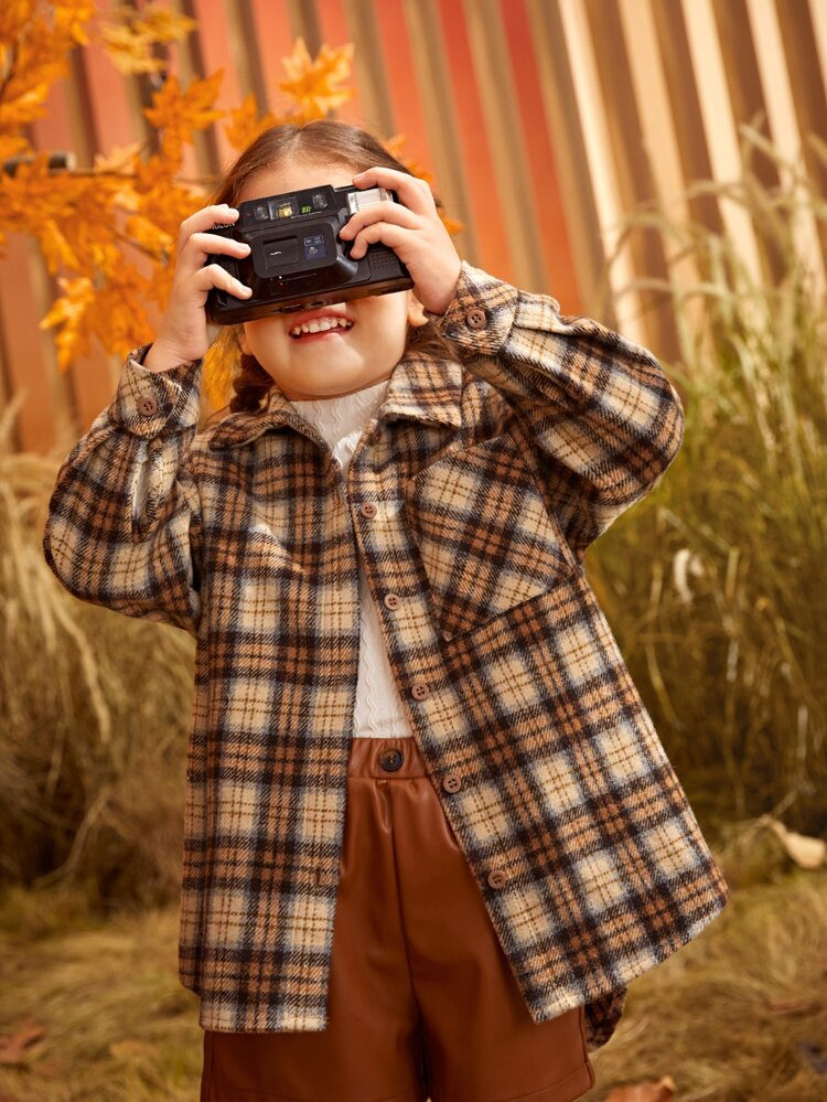 SHEIN Toddler Girls Plaid Print Drop Shoulder Shirt | SHEIN