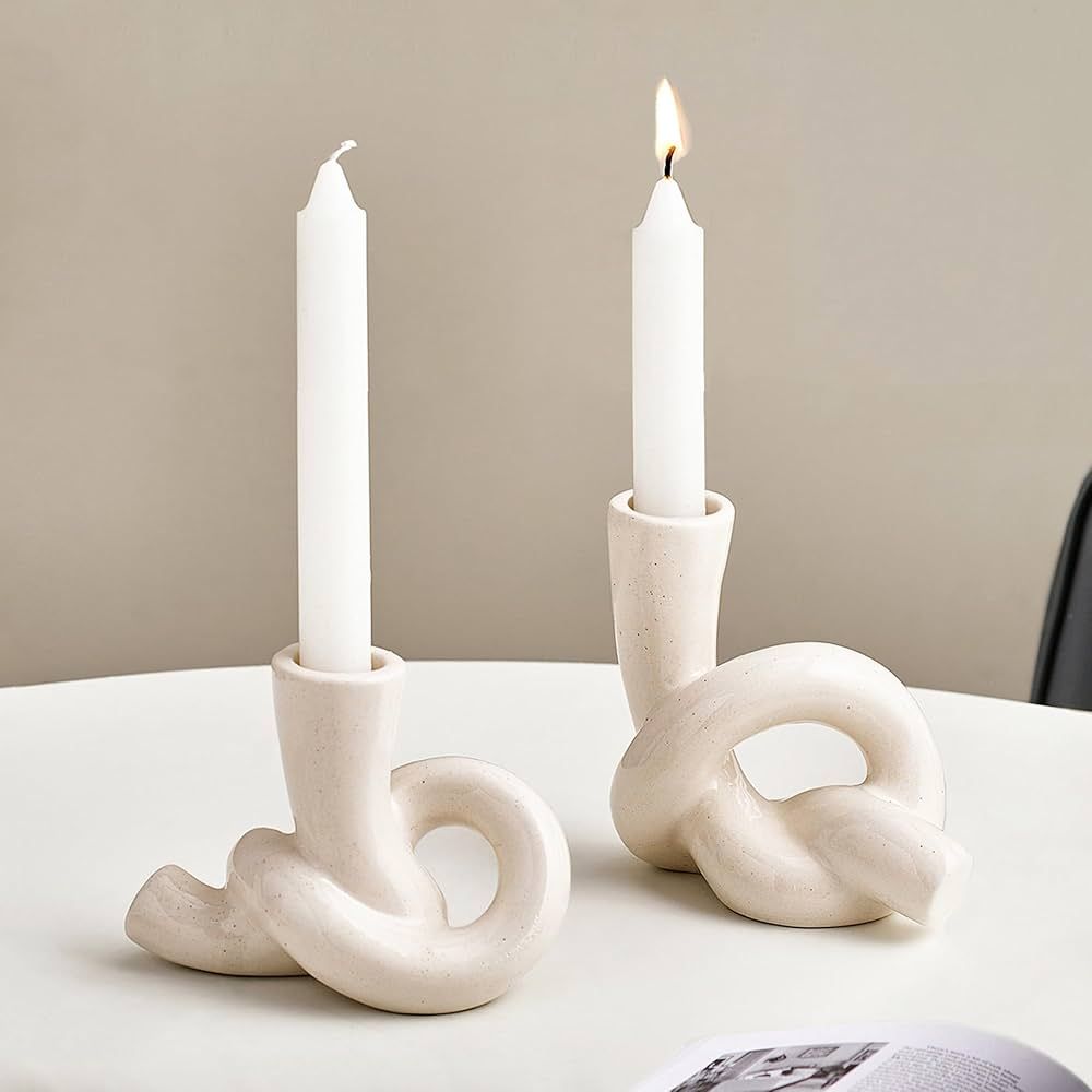 2Pcs Ceramic Candles Holders, Rope Knot Candle Stick Candle Holder, Minimalist Decorative Candela... | Amazon (US)