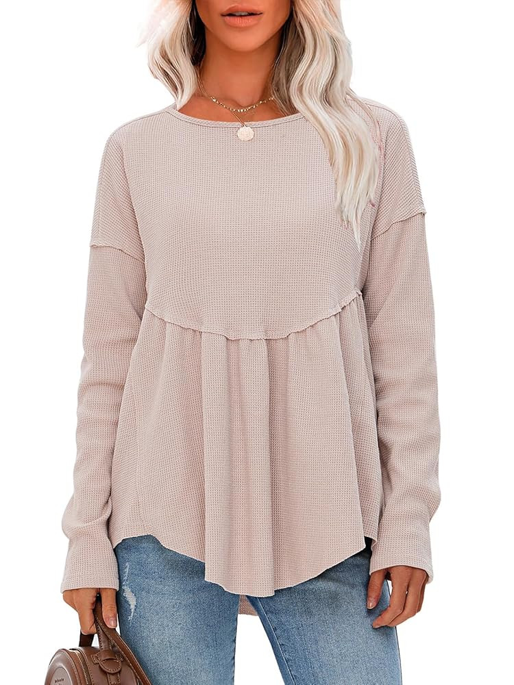 EXLURA Waffle Knit Long Sleeve Shirts for Womens Crewneck Loose Babydoll Tunic Tops Maternity Top... | Amazon (US)