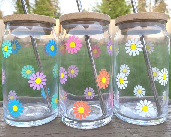 Flower Glass Cup  Iced Coffee Cup With Lid & Straw  | Etsy | Etsy (US)