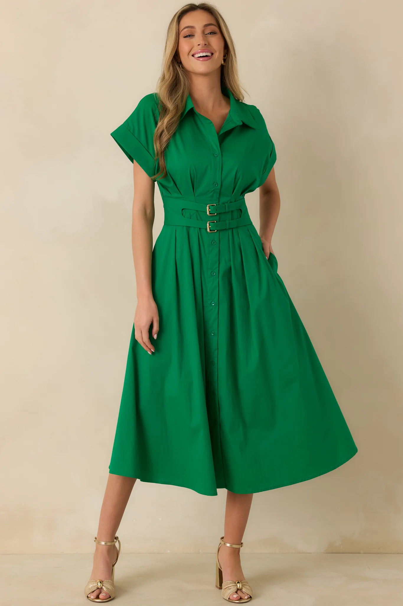 Right Where You’re Meant to Be Green Belted Button Front Midi Dress | Red Dress