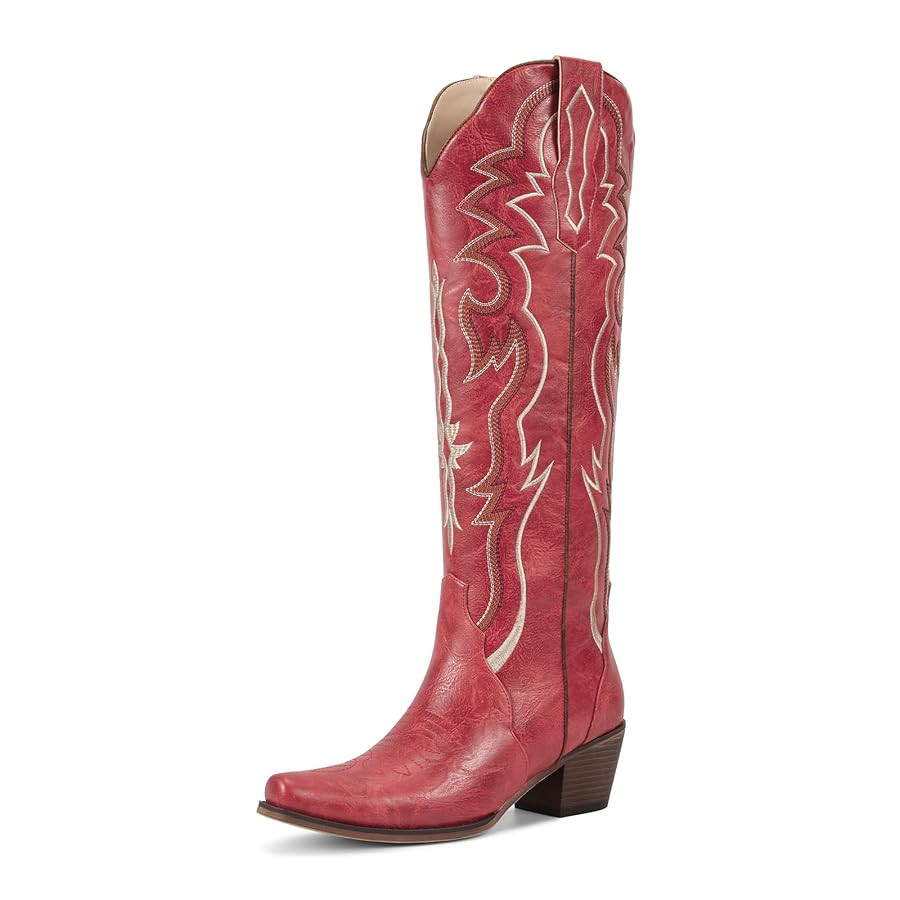 wetkiss Black Cowboy Boots for Women Knee High Cowgirl Tall Boots with Classic Retro Embroidered ... | Amazon (US)