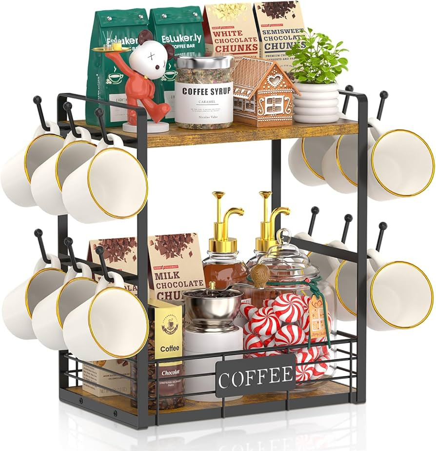 EsLuker.ly Coffee Mug Cup Holder Tree Bar Station Organizer, 2 Tier Mug Stand Rack for Countertop... | Amazon (US)