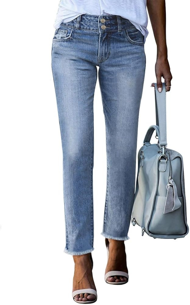 Sidefeel Women's High Waisted Jeans Strechy Fashion Raw Hem Straight Leg Ankle Denim Pants with P... | Amazon (US)