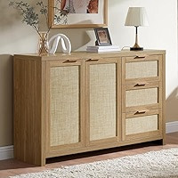 Rattan Sideboard Buffet Cabinet, Kitchen Storage Cabinet with 3 Drawers and 2 Doors Accent Consol... | Amazon (US)