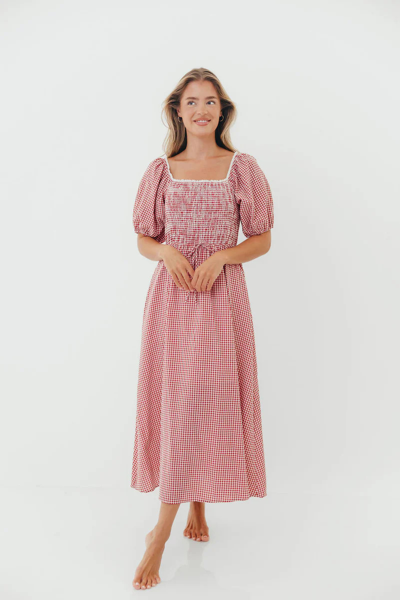 Joy Gingham Midi Dress in Red/White | Worth Collective