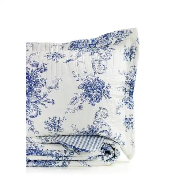 Toile and Bamboo Stripes Reversible Cotton Quilt Set - Navy - King - Cal King | Bed Bath & Beyond