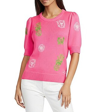 Lilly Pulitzer Orton Pink Fluer Embroidery Crew Neck Short Sleeve Sweater - L | Dillard's