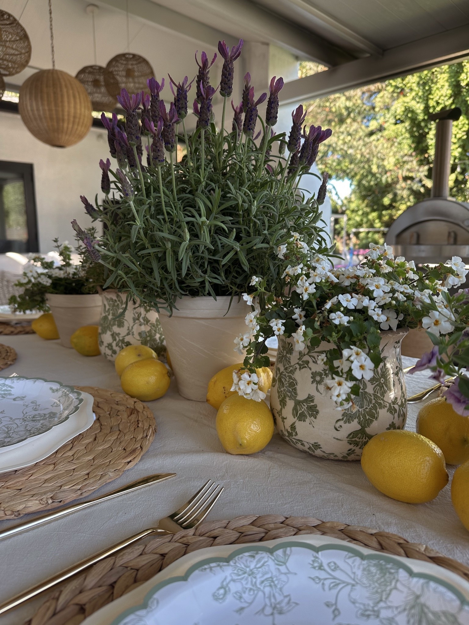 Prettiest green and white vintage style pots for a garden party table setting