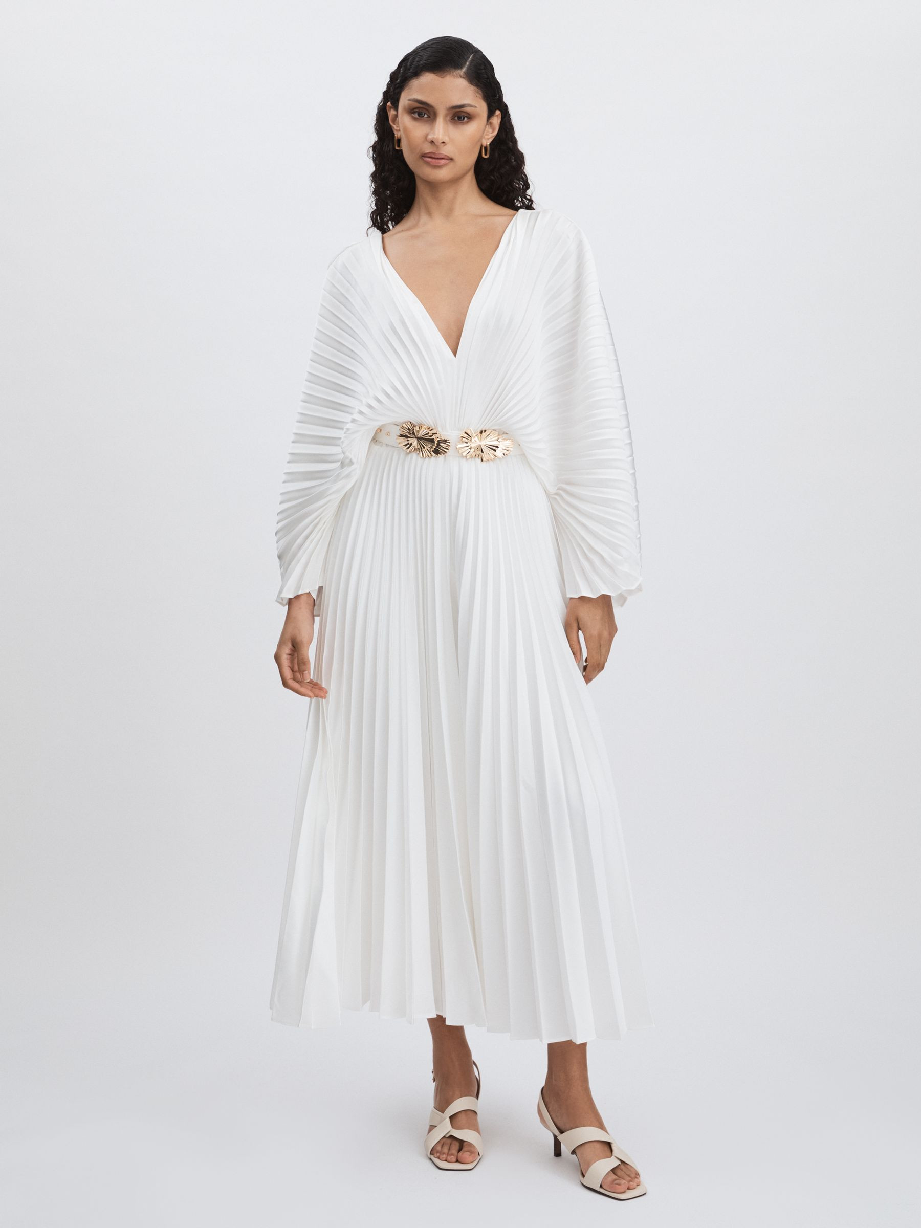 Wonastow Pleated Maxi Dress with Belt in Cream | Reiss UK