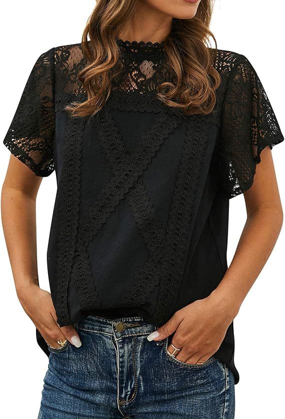 ZXZY Women Cute Lace Blouse Top Short Sleeve Lace Hollow Out Turtle Neck T Shirt | Amazon (US)