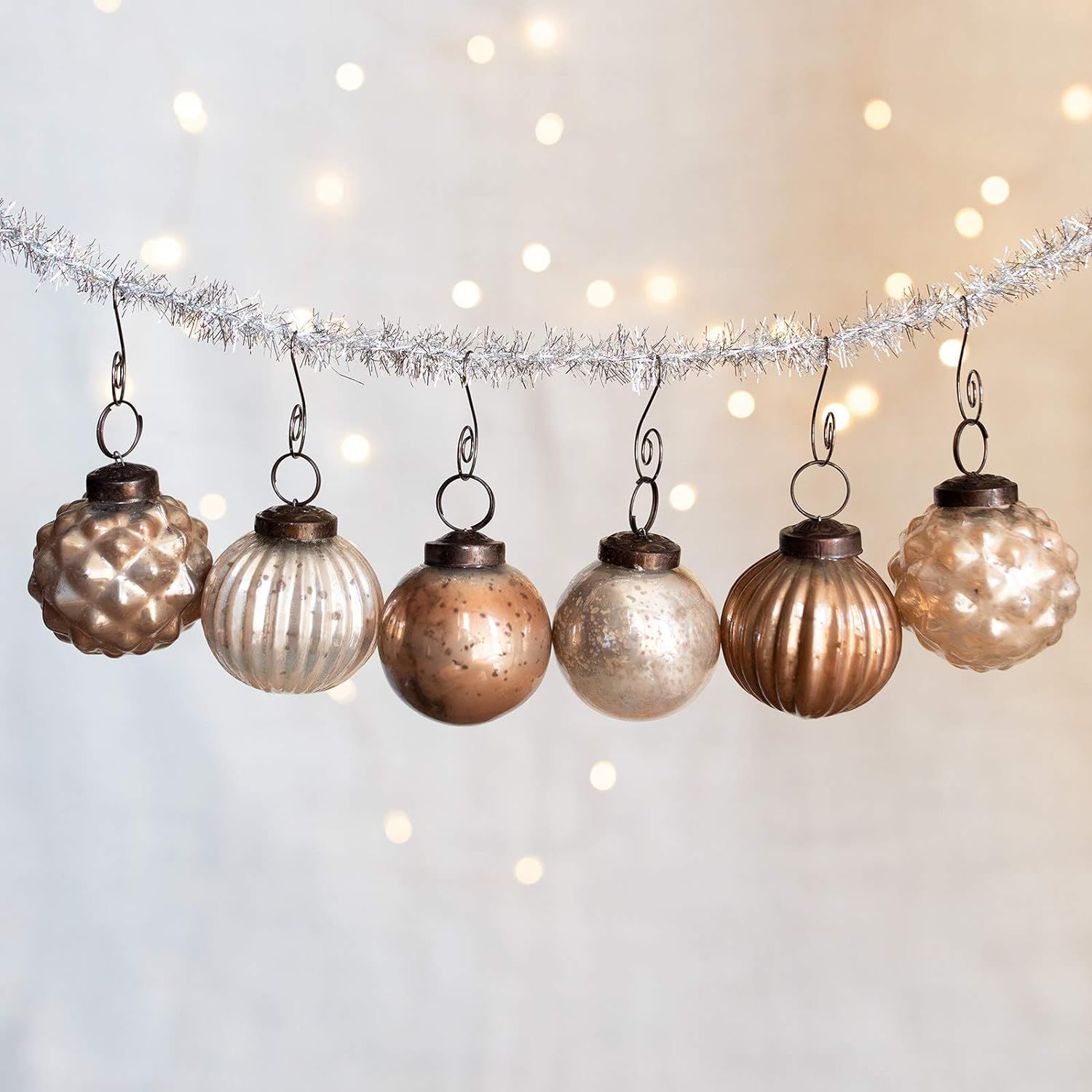 6 Silver & Pearl Antique/Vintage Looking Unique Glass Mercury Christmas Ornaments with Matching S... | Amazon (US)