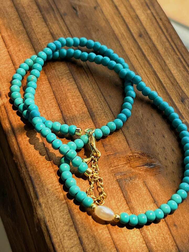 1pc vintage turquoise en zoetwaterparel kralenketting, eenvoudig en elegant, perfect voor bruilof... | SHEIN