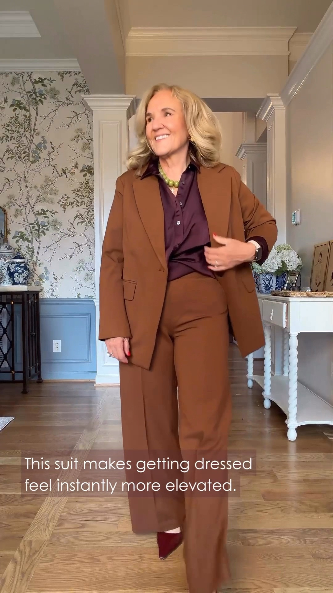 Use code NANETTEXSPANX 15% off your 1st order

A matching brown suit with a little burgundy underneath? Yes, please! I’m wearing a medium in the tops and medium petite in the pants, and I think this combination is just lovely for fall.