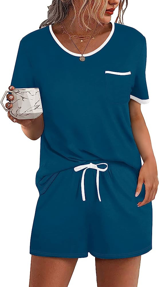 Ekouaer Women's Fit Casual Short-Sleeve Pajama Set,Chest Pocket | Amazon (US)