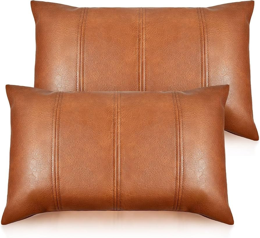 Faux Leather Throw Pillow Covers 12X20 Inch Set of 2 Brown Outdoor Modern Farmhouse Solid Decorat... | Amazon (US)