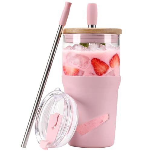 Glass Tumbler with Lids and Straws, 20 oz Iced Coffee Cup and Smoothie Cup with Bamboo Lid and On the go Lid,Glass Cups With Straws | Amazon (US)