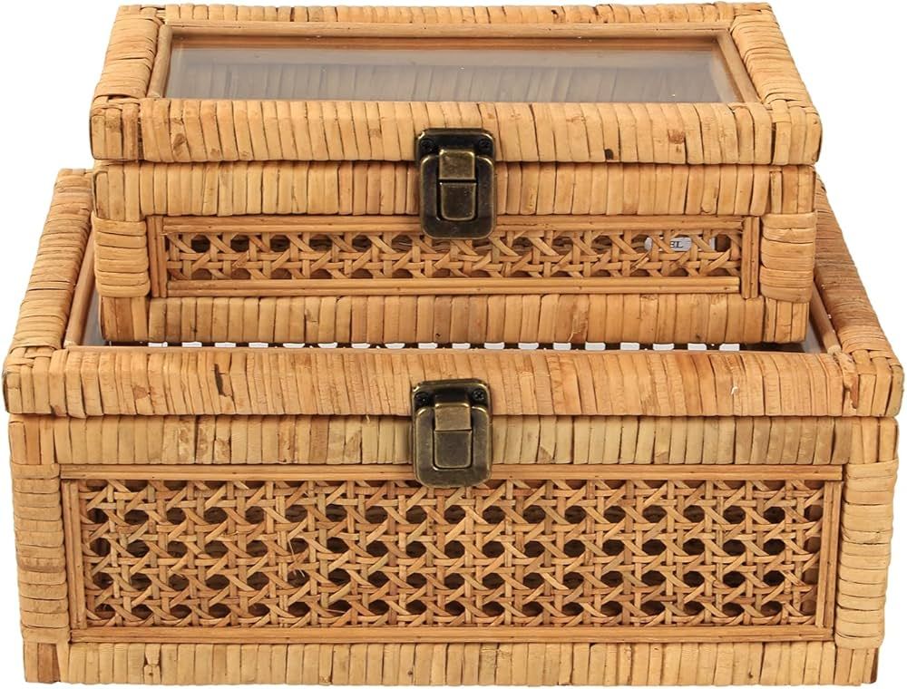 HUAXIN CRAFT H Rattan Decorative Box with Lid, Rectangular Woven with Glass for Display, Set of 2... | Amazon (US)