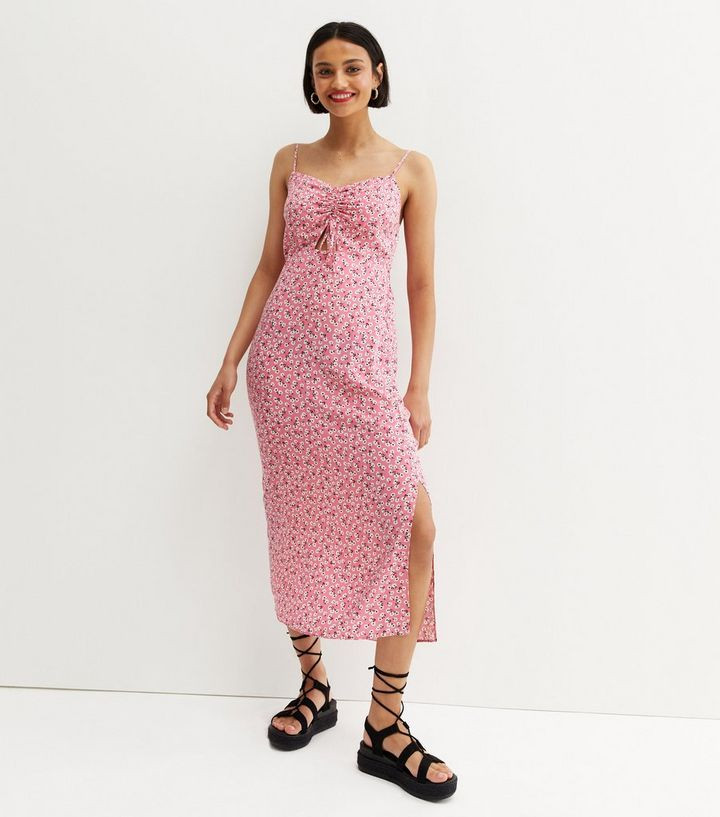 Pink Ditsy Floral Ruched Front Strappy Midi Dress
						
						Add to Saved Items
						Remove fr... | New Look (UK)