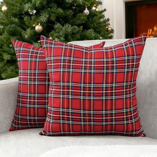 CARRIE HOME Christmas Red Tartan Plaid Pillow Covers 16x16 Set of 2 Red Outdoor Christmas Plaid Decor Pillows 16 x 16 for Bedrroom Sofa and Couch (No Inserts) | Amazon (US)