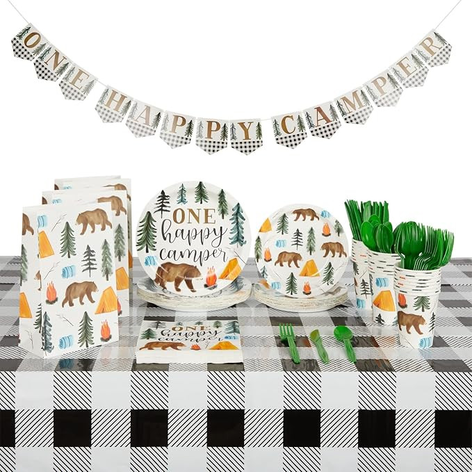 BLUE PANDA Camping 1st Birthday Party Dinnerware - One Happy Camper Birthday Decorations - Campin... | Amazon (US)