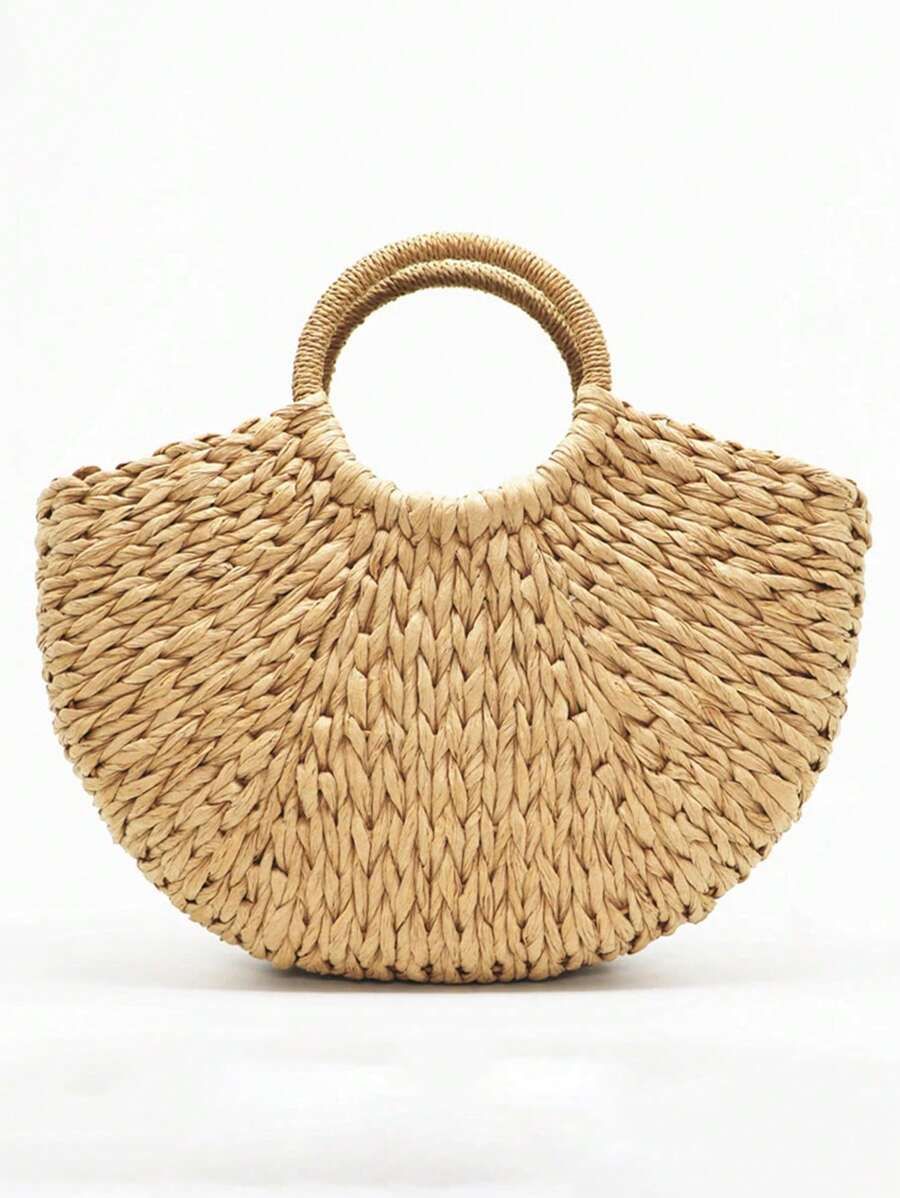 Travel Handbag Rattan Wicker Wicker Grass Woven Semi Circular Bag Large Capacity Female Casual Wo... | SHEIN
