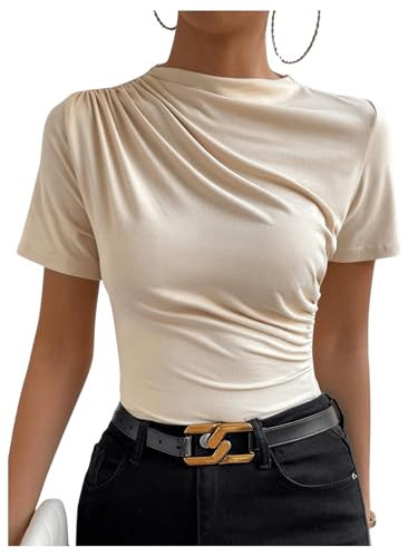 SweatyRocks Women's Ruched Mock Neck T Shirt Short Sleeve Fitted Summer Basic Tops Apricot Medium | Amazon (US)
