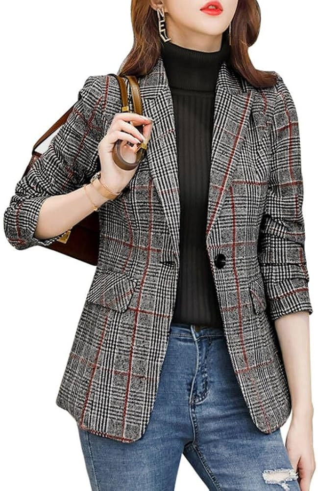 ebossy Women's Notch Lapel 2 Button Boyfriend Blazer Suit Houndstooth Plaid Jacket Coat | Amazon (US)