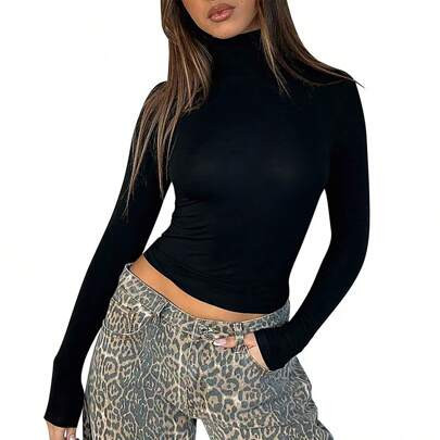 Women High Neck Long Sleeve Solid Color Casual T-Shirt, Spring Autumn | SHEIN