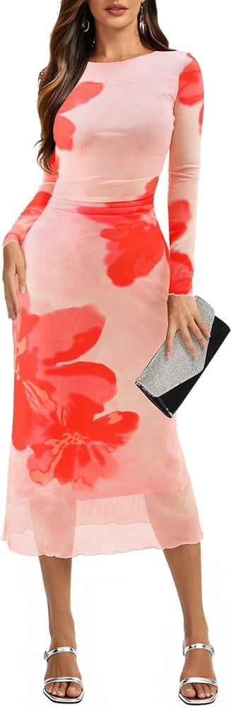 Dressystar Women’s Long Sleeve Maxi Wedding Guest Dress 2026 Spring Ruched Floral Mesh Bodycon ... | Amazon (US)