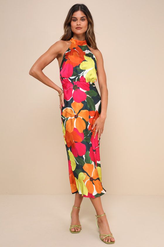 Admirable Invite Dark Teal Multi Floral Satin Halter Midi Dress | Lulus
