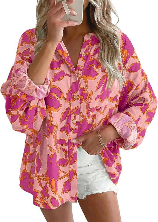 Astylish Womens 2026 Boho Floral Loose Spring Summer Tops Lantern Sleeve Flowy Blouses V Neck But... | Amazon (US)