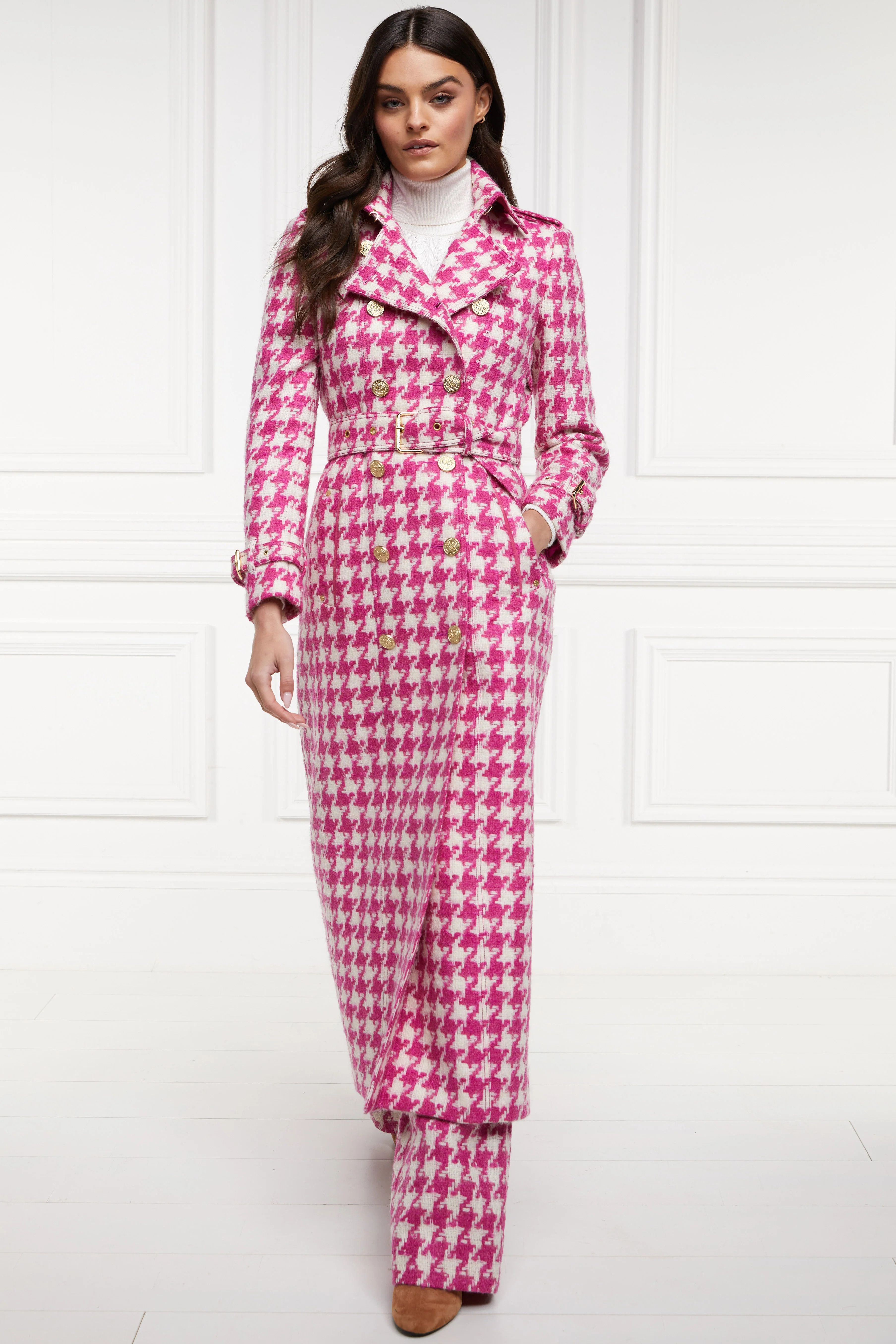 Full Length Marlborough Trench Coat (Hot Pink Large Scale Houndstooth) | Holland Cooper