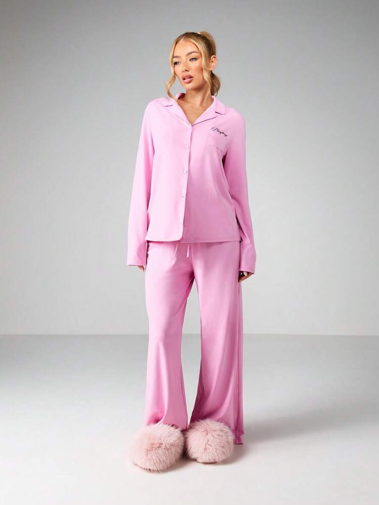 Missguided x Playboy Women Collared Button Up Long Sleeve Pajama Set With Drawstring Wide Leg Palazzo Pants Loungewear Sleepwear Nightwear | SHEIN